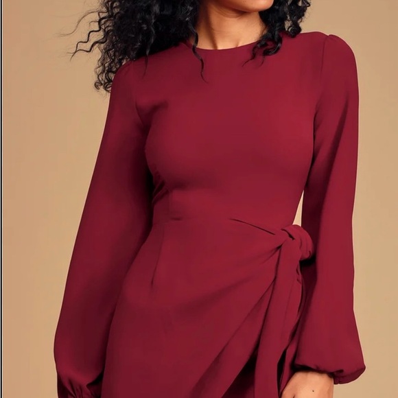 Lulu’s wine red skater dress with front tie wrap and long sleeves mid thigh - Picture 6 of 14